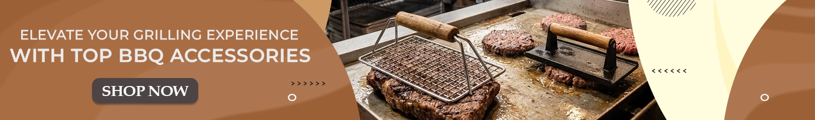 Top BBQ accessories including burger presses and grilling basket on a commercial grill for outdoor cooking and barbecue preparation.