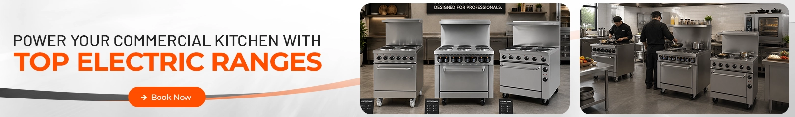 Commercial electric ranges for restaurants and foodservice kitchens, showcasing professional stainless steel cooking equipment and kitchen operations.