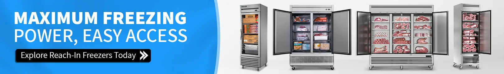 Commercial reach-in freezers with glass and solid doors, displaying frozen meat and food storage for restaurants, hotels, and professional kitchens