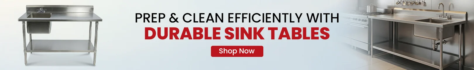 Durable sink tables for commercial kitchens designed for efficient food prep and cleaning