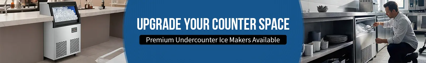 Undercounter commercial ice maker installed in a restaurant kitchen, showing compact design, ice storage bin, and space-saving solution for bars and foodservice counters