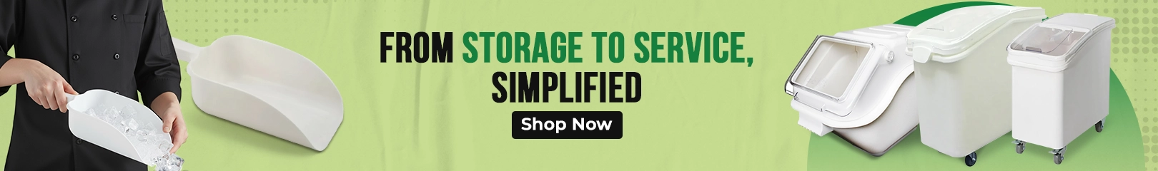 Food storage bins and ingredient scoops for easy storage, handling, and service in busy commercial kitchens.