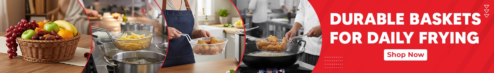 Durable frying baskets used for daily commercial cooking, showing frying, draining, and food handling in a professional kitchen.