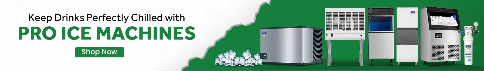 Commercial ice machines of different sizes and designs on a blue background, suitable for high-volume ice production in commercial settings.