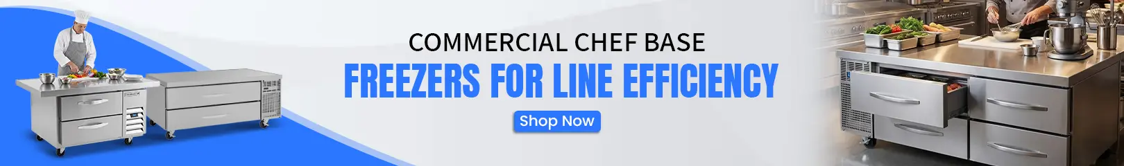 Commercial chef base freezers with stainless steel drawers, installed under cooking equipment to improve workflow and storage efficiency in restaurant kitchens