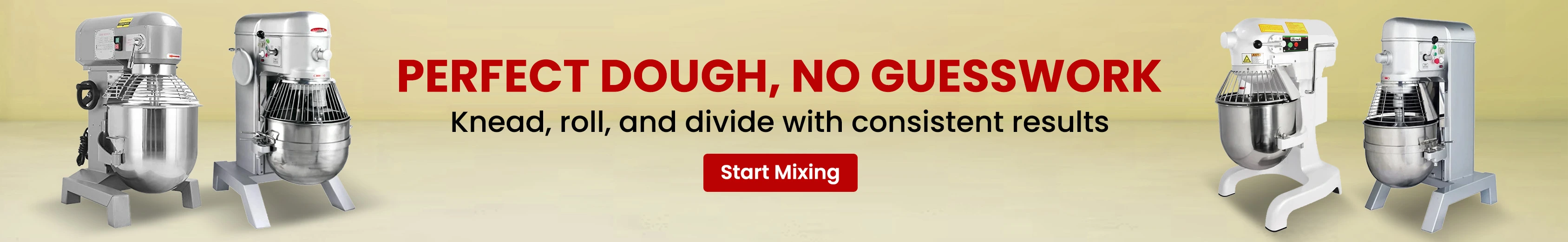 Various commercial dough mixers designed for professional bakeries and kitchens, ideal for kneading, rolling, and mixing large batches of dough.