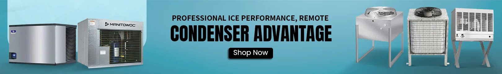 Commercial ice machines of different sizes and designs on a blue background, suitable for high-volume ice production in commercial settings.