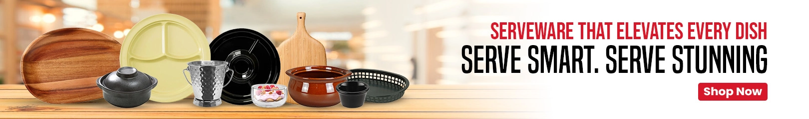 Assorted modern serveware including trays, bowls, plates, and utensils on a wooden surface, designed to elevate the presentation of any dish.