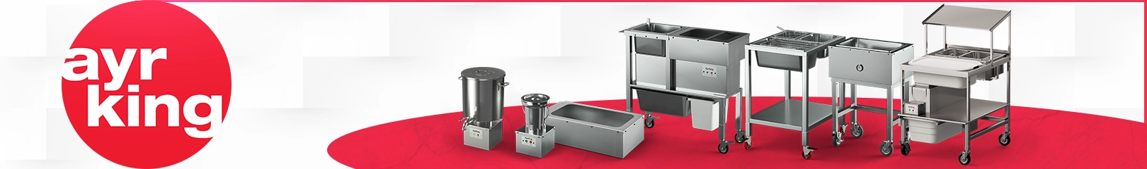 AyrKing commercial foodservice equipment including portable handwashing stations, food prep tables, serving stations, soup warmers, and utility carts for restaurants and hospitality operations.