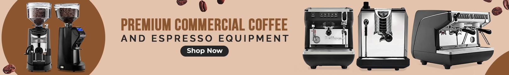 Professional commercial coffee machines with cups, croissants, and jars of coffee beans, designed for serving rich cafe-style brews all day.