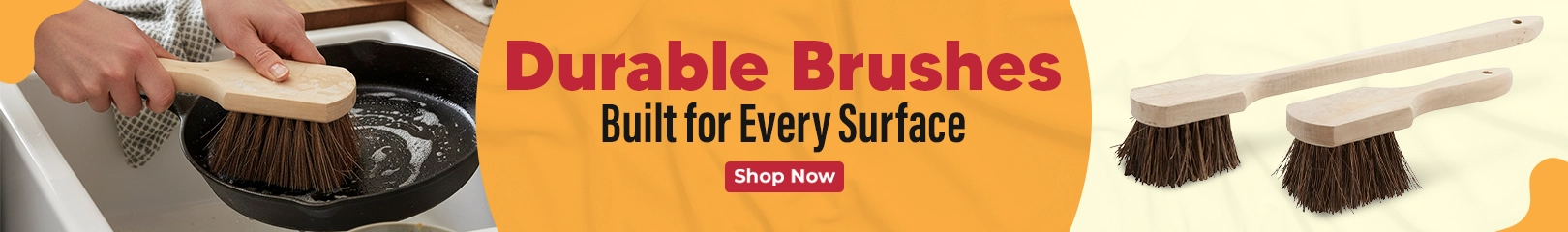 Durable cleaning brushes scrubbing cookware and surfaces, designed for heavy-duty kitchen and commercial cleaning tasks.