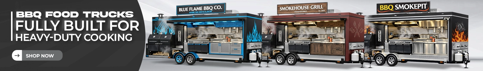 BBQ food trucks fully built for heavy-duty cooking with commercial smokers, grills, and professional mobile kitchens