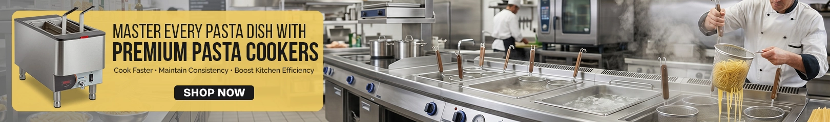Premium pasta cookers for commercial kitchens featuring stainless steel pasta cooking equipment, multi-basket pasta boilers, and high-capacity foodservice cookers designed for faster cooking, consistent results, and improved kitchen efficiency.