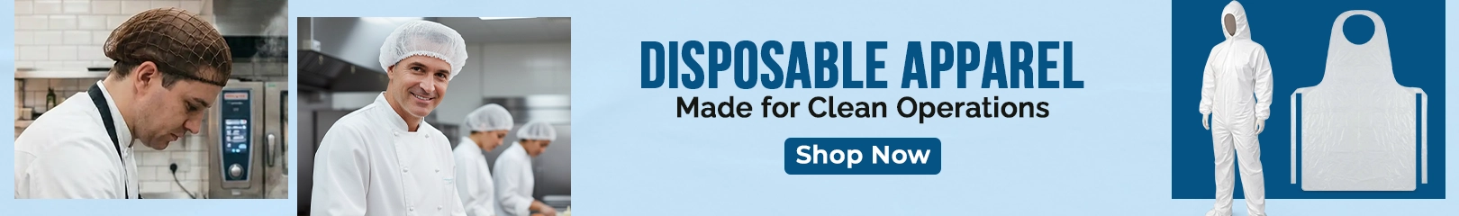 Disposable protective apparel including hair nets, chef caps, coveralls, and plastic aprons for hygiene and safety in commercial kitchens and food processing units.