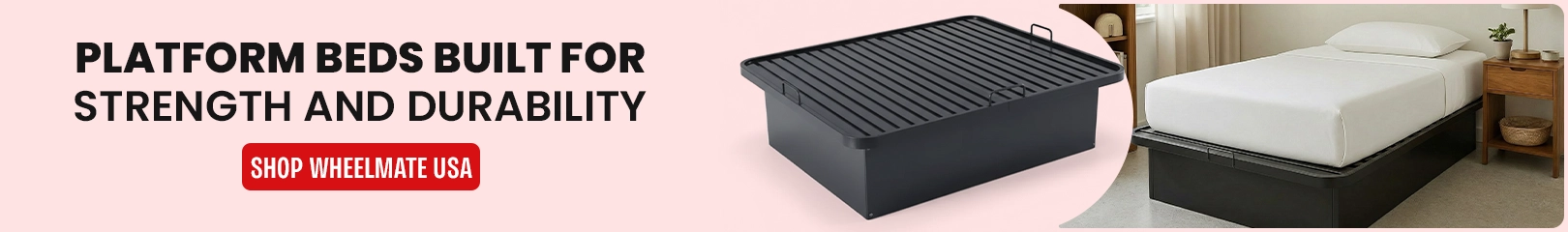 Wheelmate USA heavy-duty platform bed base with storage design and modern mattress setup for hotels, hostels, and commercial hospitality bedrooms.