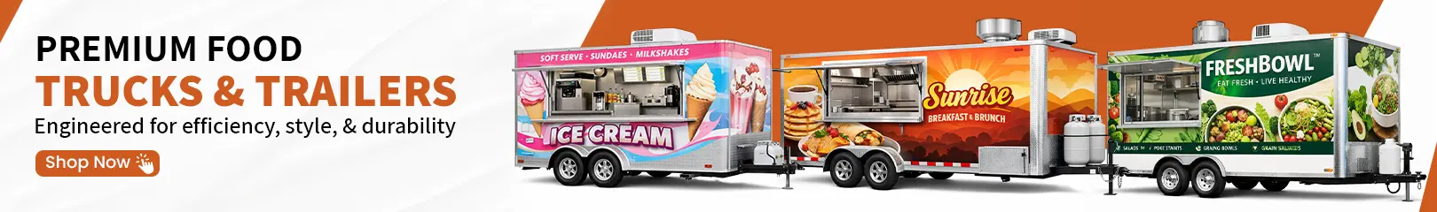 Premium food trucks and trailers designed for mobile kitchens, showcasing ice cream, breakfast, and fresh food service.