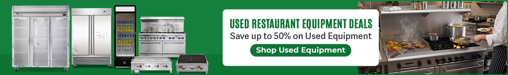 Used restaurant equipment banner featuring commercial refrigerators, display cooler, gas range, griddle, and charbroiler with a chef cooking on a stovetop, promoting up to 50% savings and a “Shop Used Equipment” call-to-action.