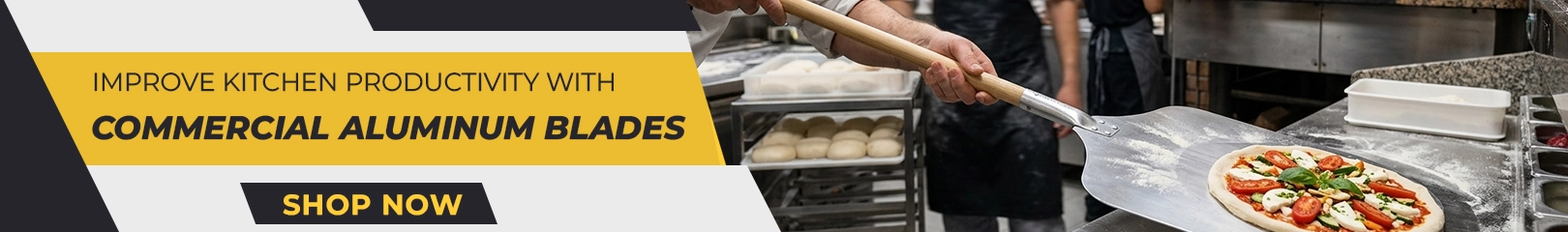 Commercial aluminum pizza peel and bakery blades used for handling pizzas and baked goods in professional restaurant kitchens.