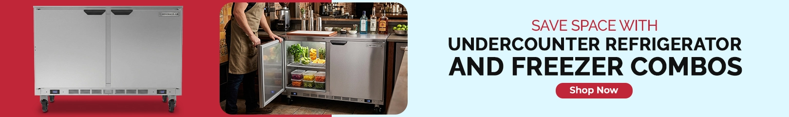 Save space with undercounter refrigerator and freezer combos featuring commercial undercounter refrigeration units, compact food storage solutions, and space-saving cooling equipment for bars, restaurants, cafes, and foodservice operations.