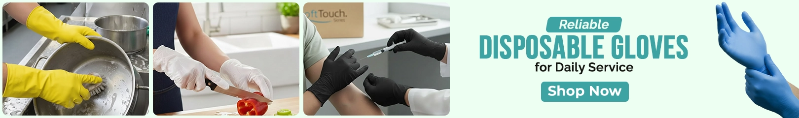 Disposable cleaning and food safety gloves used for dishwashing, food preparation, and medical handling in restaurants, kitchens, and commercial service environments.