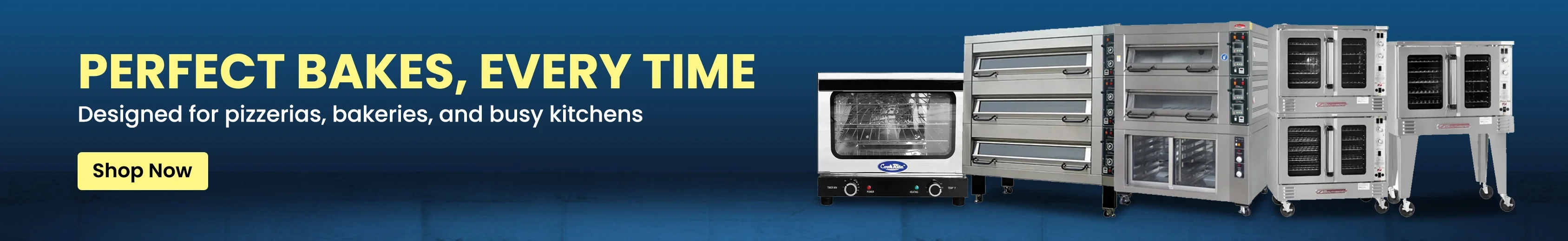 Blue gradient banner with deck ovens, double convection ovens, and a countertop oven for pizzerias, bakeries, and busy kitchens.