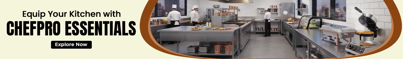 Commercial kitchen equipped with ChefPro essentials, featuring chefs working with professional cooking and food prep equipment.