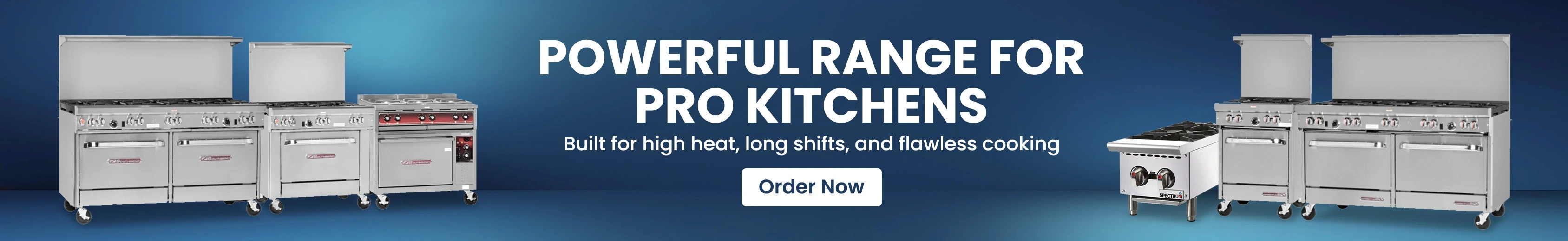 Commercial stainless steel gas ranges for professional kitchens displayed on a gradient blue background, ideal for high heat and long shifts.