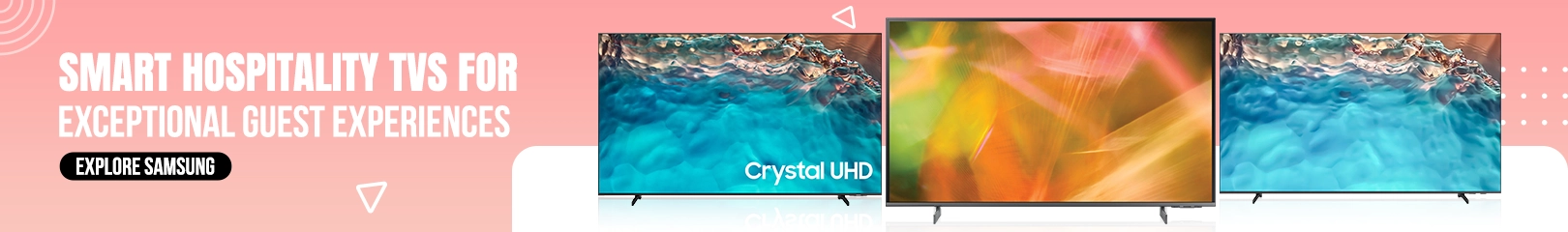 Samsung smart hospitality TVs with Crystal UHD display for hotel guest rooms, offering high-definition entertainment and premium viewing experience.