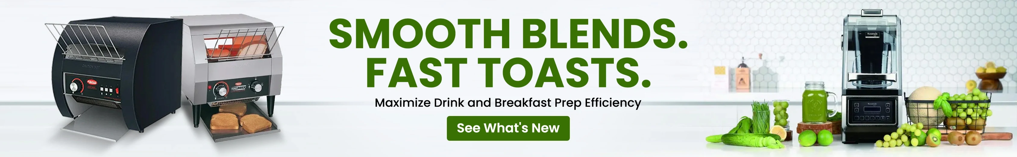 Commercial blender and conveyor toasters displayed side by side with fresh fruits, bread, kitchen setup showcasing drink and breakfast prep efficiency.