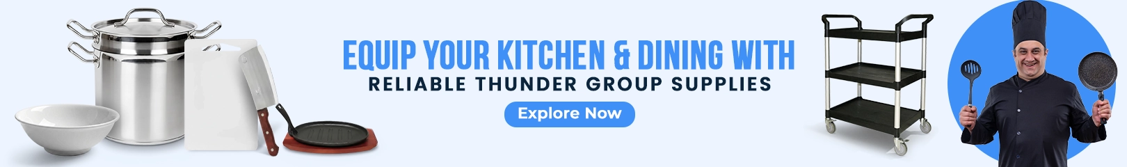 Thunder Group commercial kitchen and dining equipment including cookware, prep tools, serving carts, and chef utensils for professional use