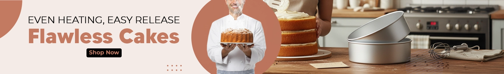Round cake pans with layered cakes and a baker holding a finished cake, designed for even heating and easy release.