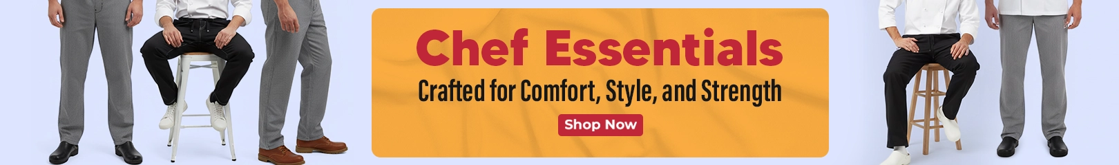 Chef pants in different colors and styles worn by kitchen staff, shown with a banner promoting comfortable and durable chef essentials.
