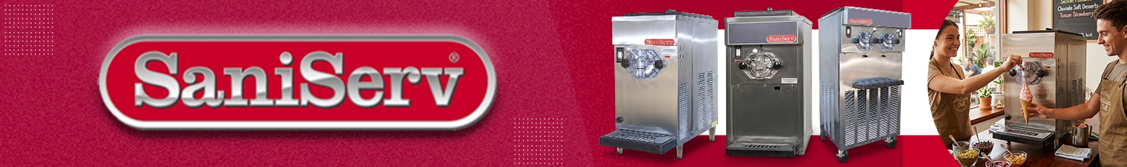 SaniServ commercial soft serve ice cream machines for restaurants, cafés, ice cream shops, and foodservice operations, featuring countertop and floor-standing models.