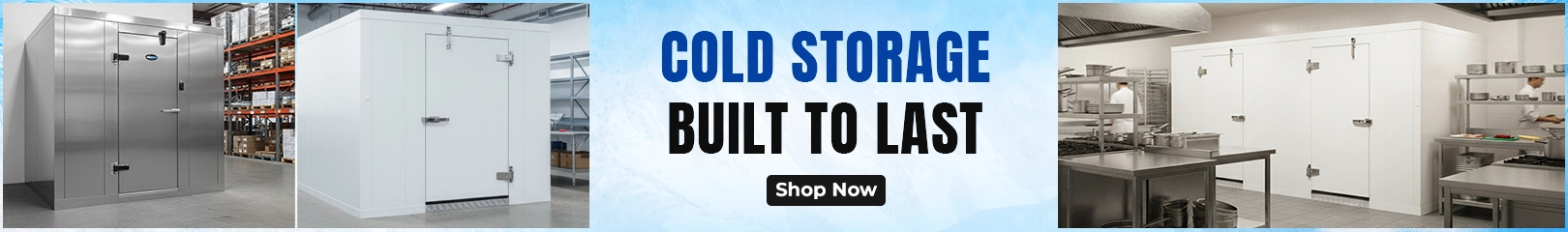 Commercial walk-in refrigerator and freezer cold storage units designed for durable, long-lasting food storage in kitchens.