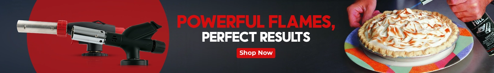 Culinary torch creating powerful flames to caramelize desserts, delivering precise heat for professional kitchen results.
