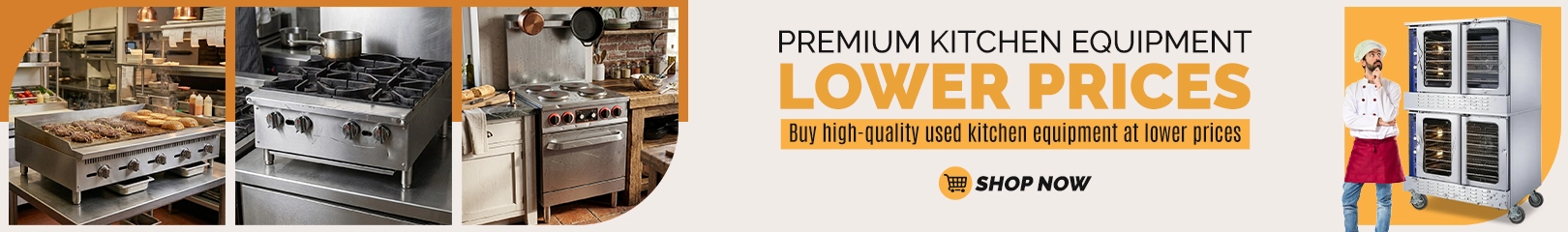 Promotional banner for premium kitchen equipment showing commercial cooking ranges and ovens, highlighting lower prices on high-quality used kitchen equipment with a “Shop Now” call-to-action.