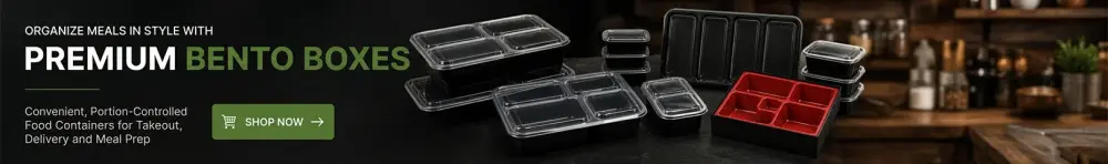 Premium bento boxes with compartment meal containers and lids for takeout, meal prep, and food delivery services.