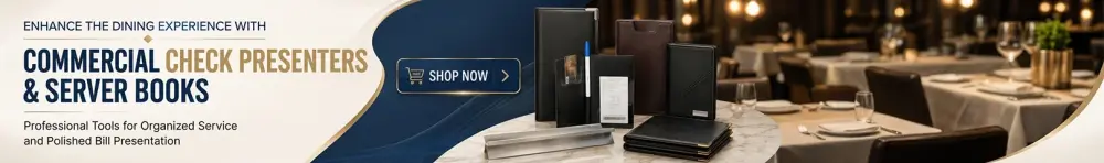 Commercial check presenters and server books displayed on a restaurant table for organized bill presentation and service.