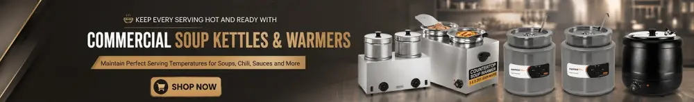 Commercial soup kettles and warmers for serving soups, chili, sauces, and hot foods at safe serving temperatures