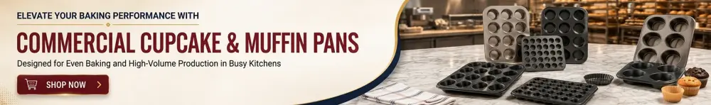Promotional banner showcasing commercial cupcake and muffin pans in various sizes and cavity configurations displayed on a bakery countertop. The image highlights durable bakeware for high-volume commercial baking with freshly baked muffins
