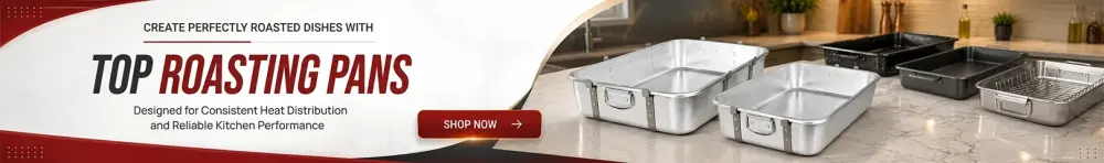 Promotional banner featuring commercial roasting pans in aluminum and non-stick finishes displayed on a professional kitchen countertop.