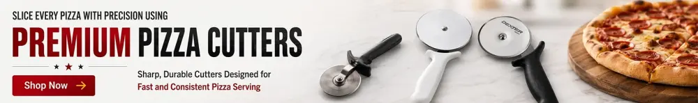 Commercial pizza cutters with stainless steel wheels beside a freshly baked pizza for precise, efficient pizza slicing