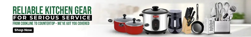 Commercial-grade kitchen gear including rice cooker, cookware, utensils, knife set, grater, and tools for reliable food prep and service.